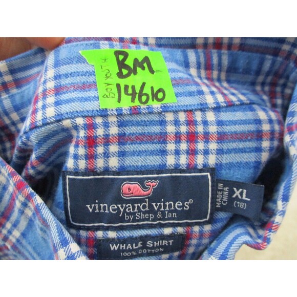 Vineyard Vines Shirt Boy Youth Extra Large 18 Blue Whale Flannel Plaid Button Up - Picture 10 of 10